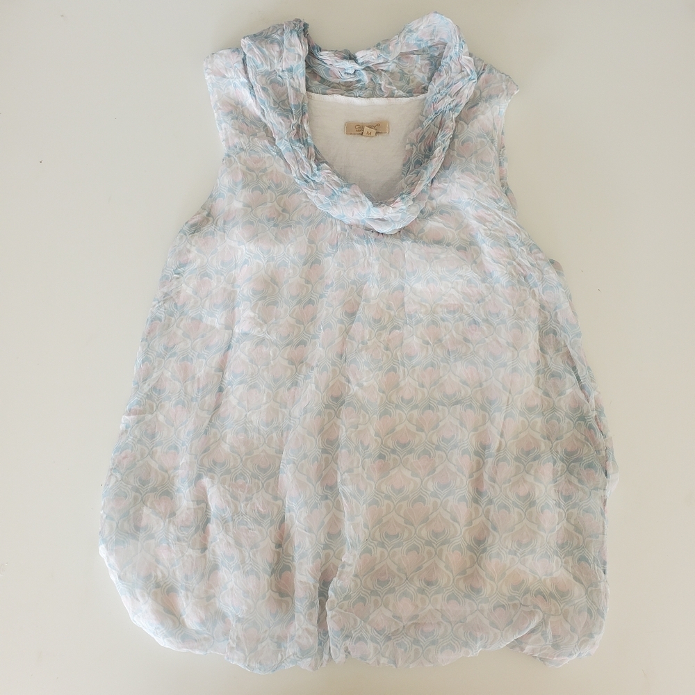 Giusy Silk Medium top Italy Sleeveless Blouse Light Pink Blue White Bubble Flowy
